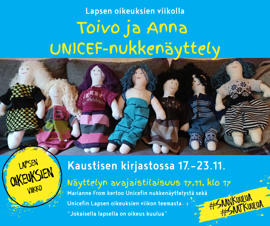 Toivo ja Anna - UNICEF-nukkenäyttely Kaustisen kirjastossa 17.-23.11. sekä avajaistilaisuus ma 17.11. klo 17